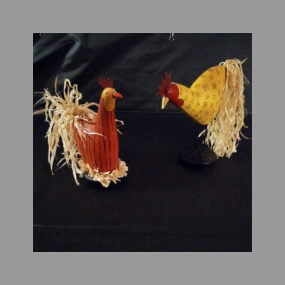 Vintage Folk Art Hand Carved Wooden Rooster Pair Straw Raffia Tail